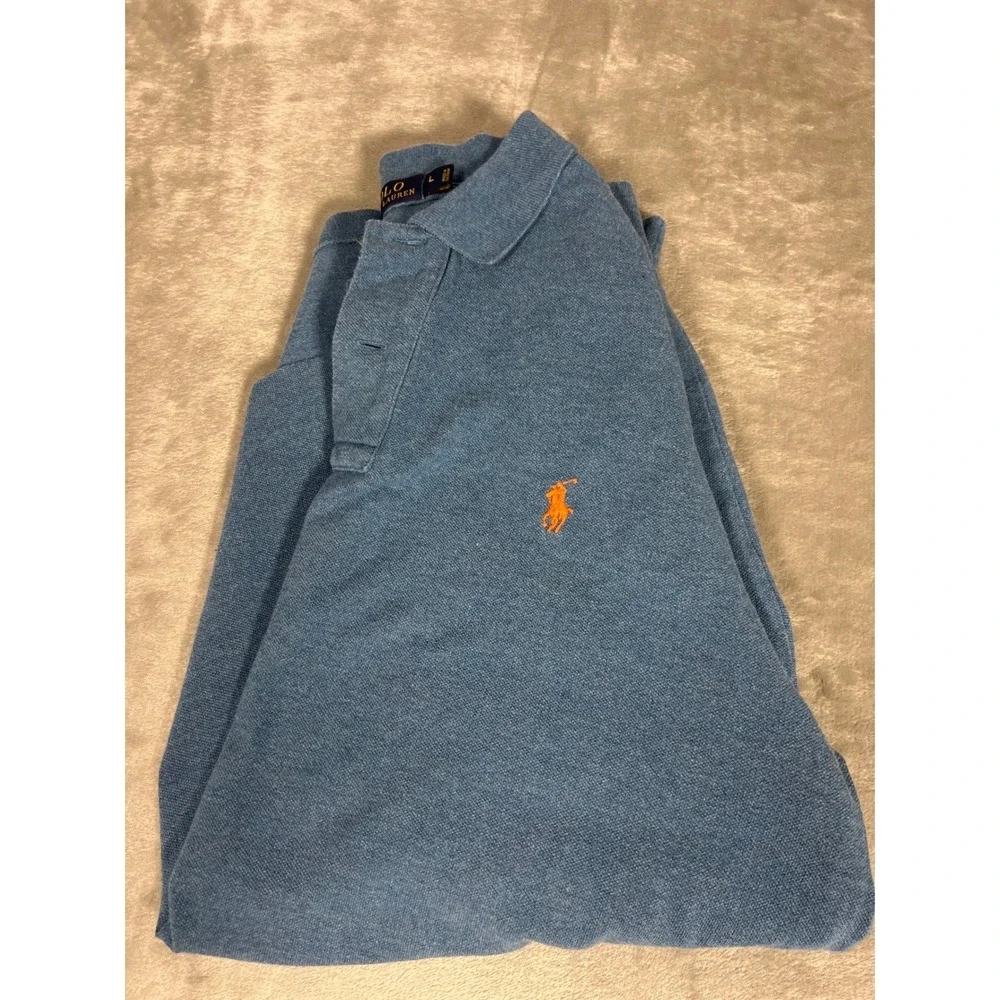 Polo Ralph Lauren Mens Long Sleeve Polo Shirt Blue‎ Orange Pony Logo Large